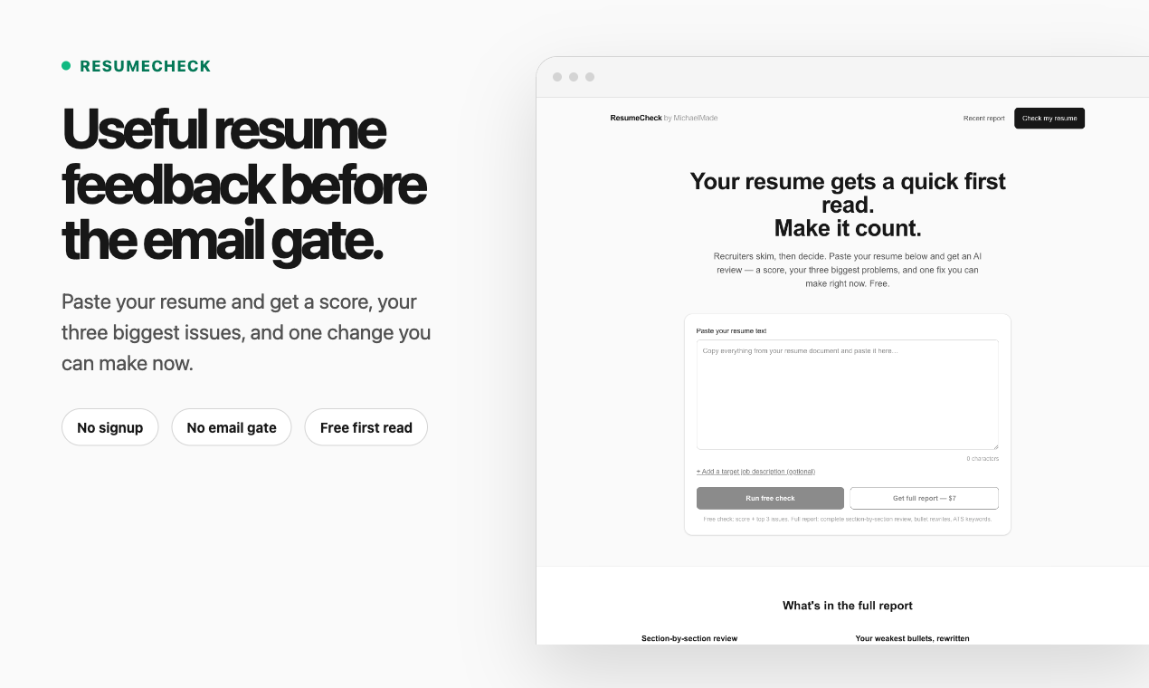 ResumeCheck interface showing a resume score and specific feedback